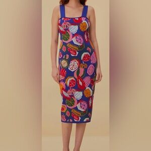 Farm Rio “Colorful Salad” Bodycon Knit Dress Blue Fruit Print Size M (NWOT)